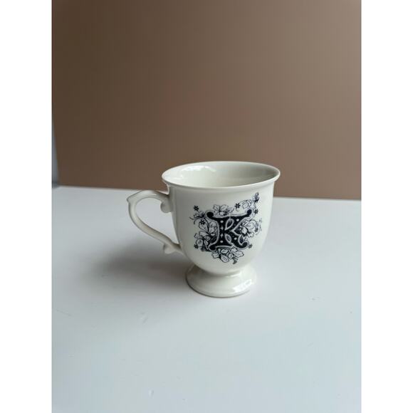 Anthropologie Initial K Mug | White Pedestal Coffee Cup | Black Floral Monogram - Picture 3 of 7